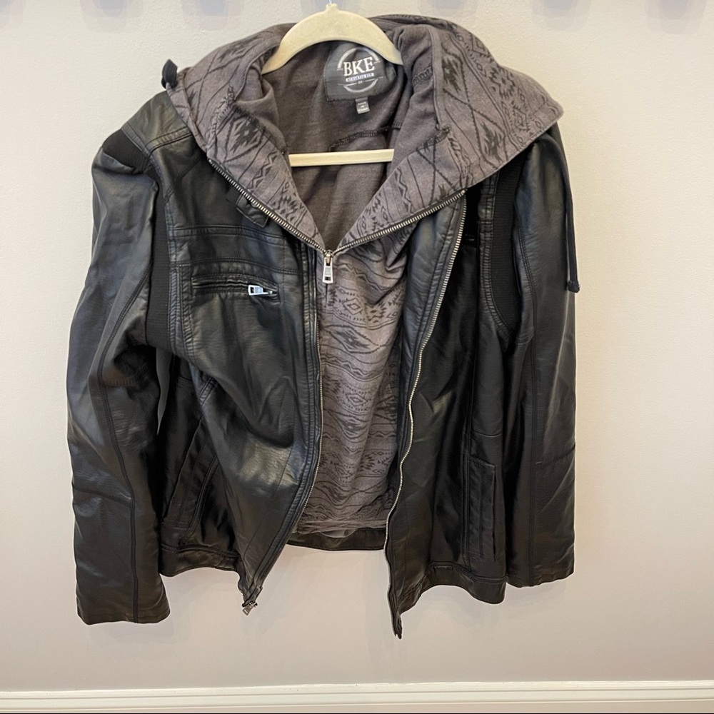 Mens Buckle BKE Slim Fit Leather Style Hooded Jacket Sz Medium Black Lined